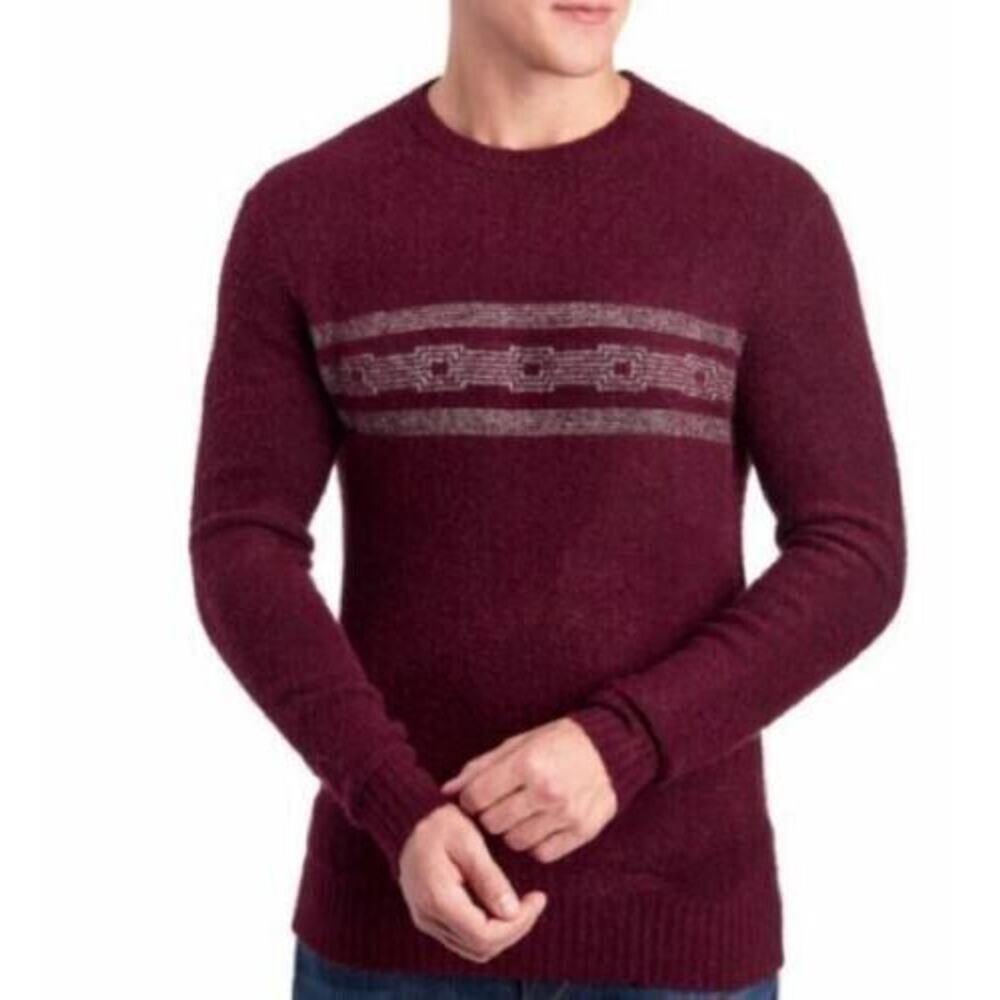 MICHAEL BASTIAN Burgundy Striped Boucle Crew‎ Neck Wool Blend Sweater Large $168